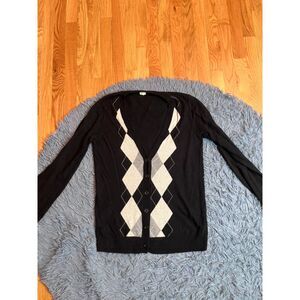 J.Crew Black Wool Cashmere Argyle Print Cardigal Size XL